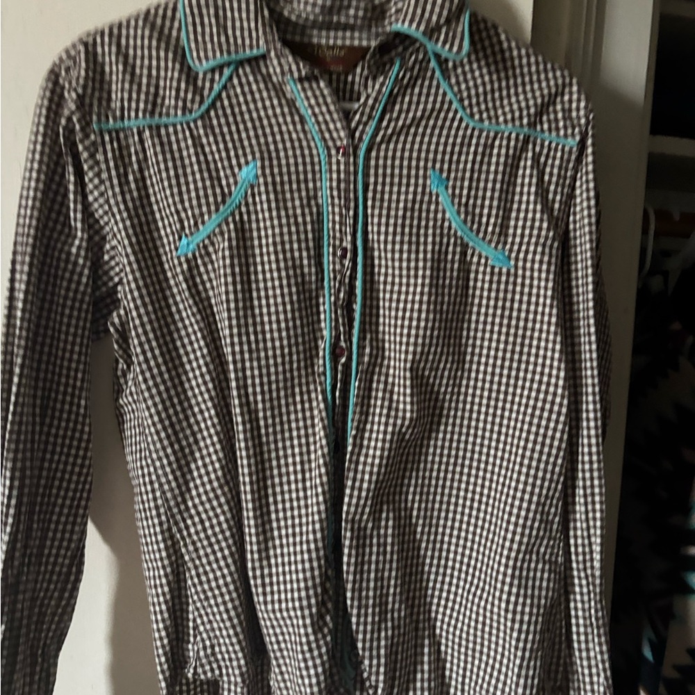Women’s Brown Checkered Shirt with Blue Accents